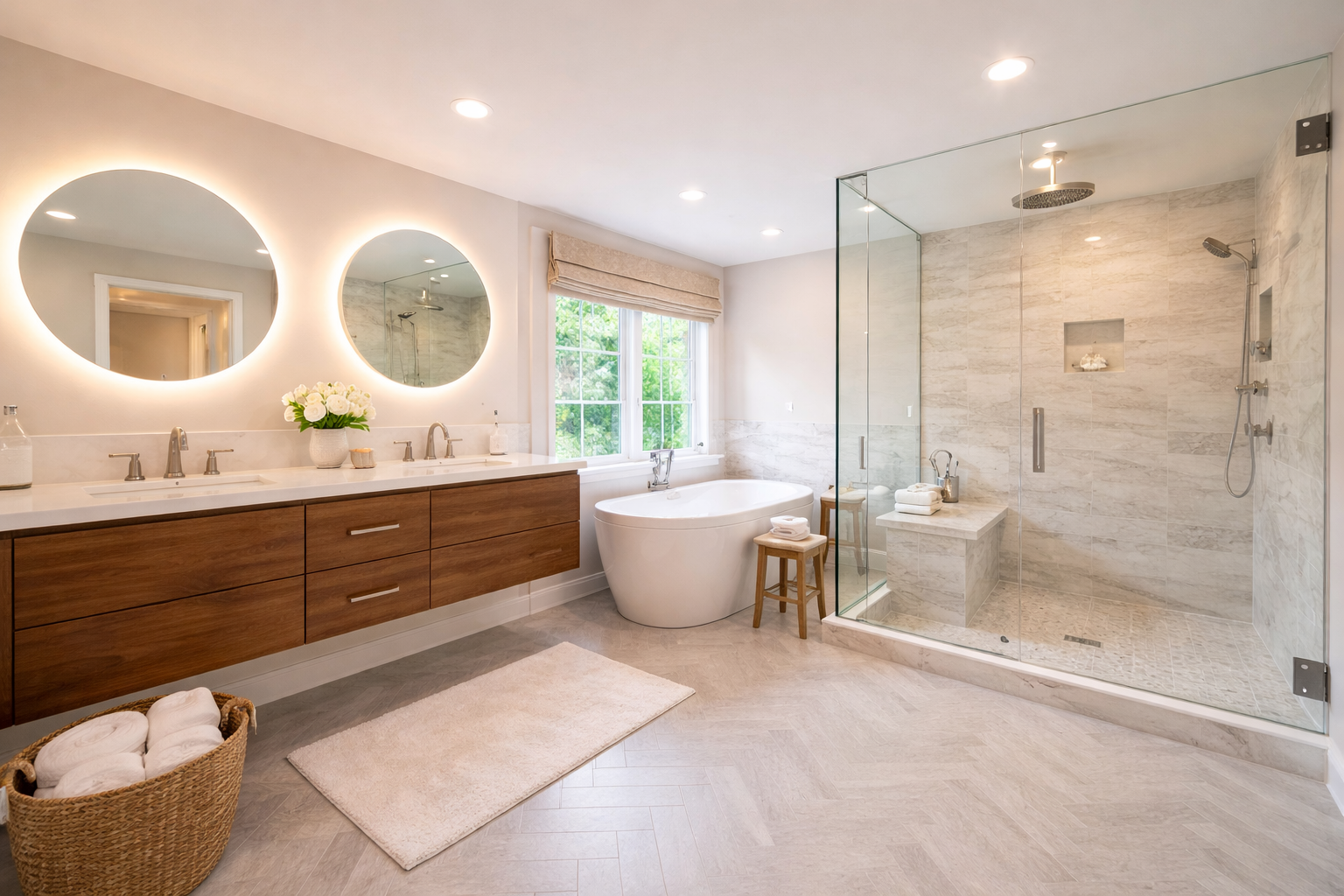 Luxury remodeled bathroom with walk-in shower and modern vanity in Maryland