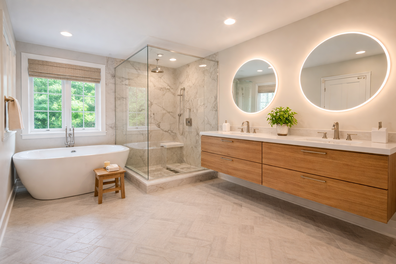 Luxury bathroom renovation with walk-in shower and modern vanity