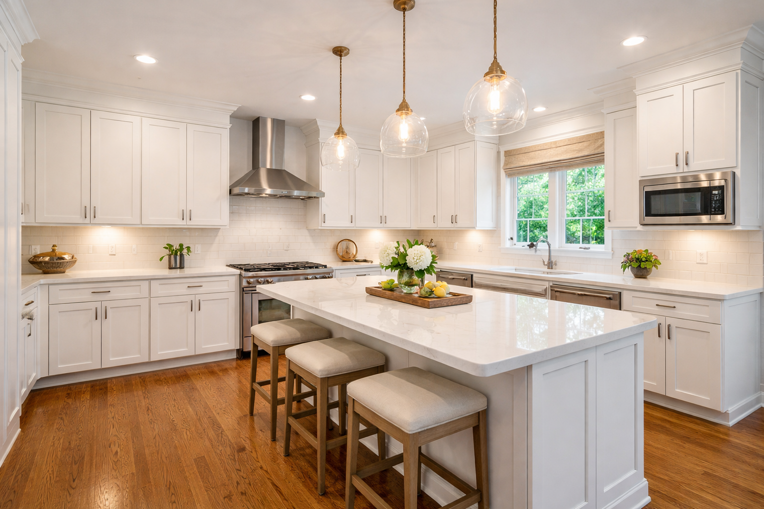 Beautiful remodeled kitchen with white cabinets and quartz countertops