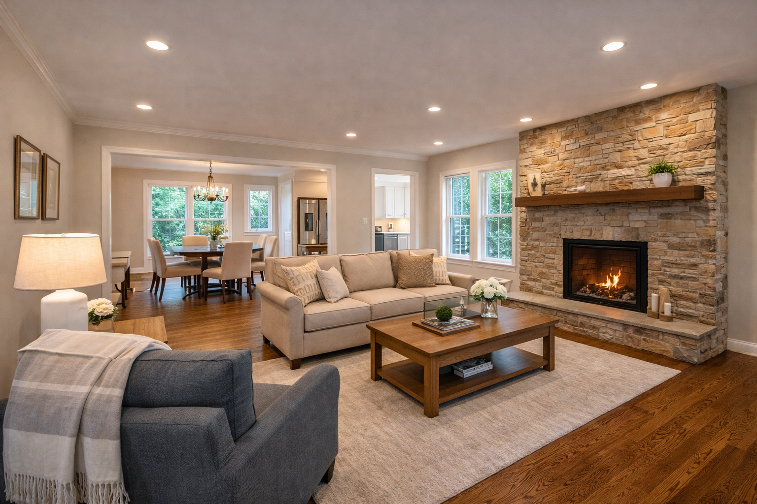 Open concept living room renovation with modern fireplace and hardwood floors