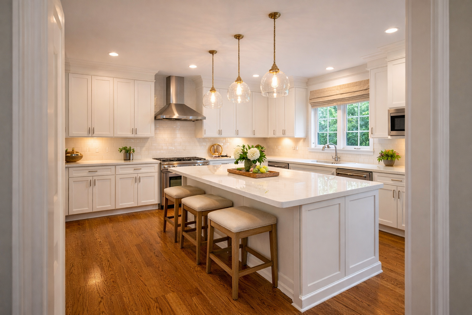Stunning modern kitchen remodel with white cabinetry and quartz countertops in Maryland